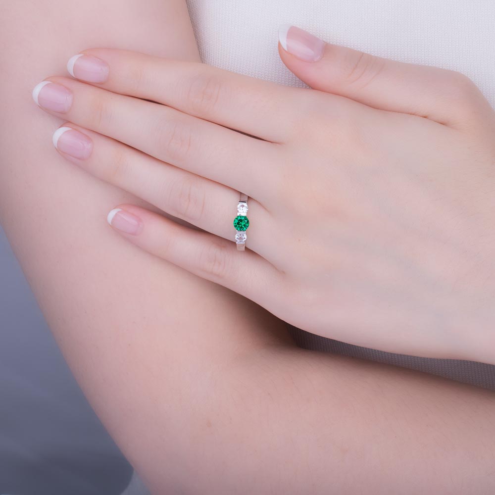 Unity Three Stone Emerald and Diamond Platinum Engagement Ring #2