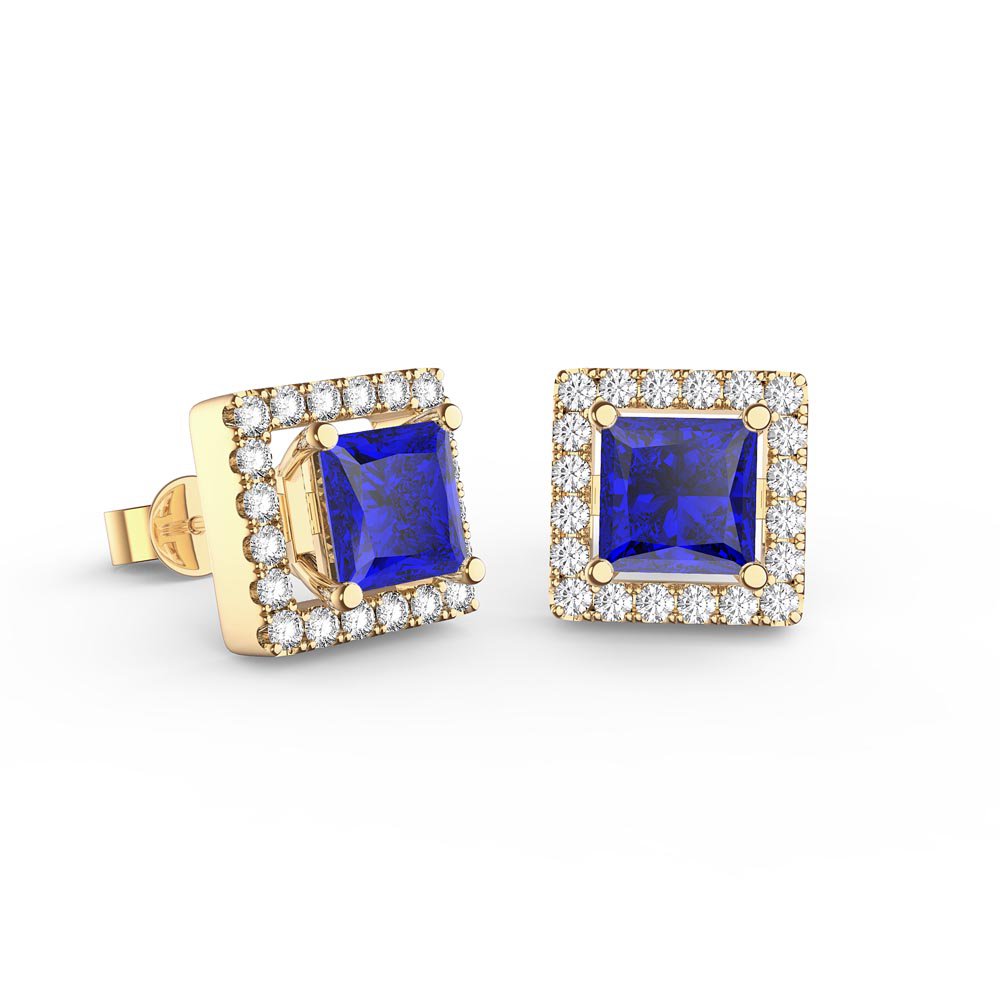 Charmisma 1ct Blue Sapphire and Diamonds 18ct Yellow Gold Princess Stud Earrings Halo Jacket Set #2