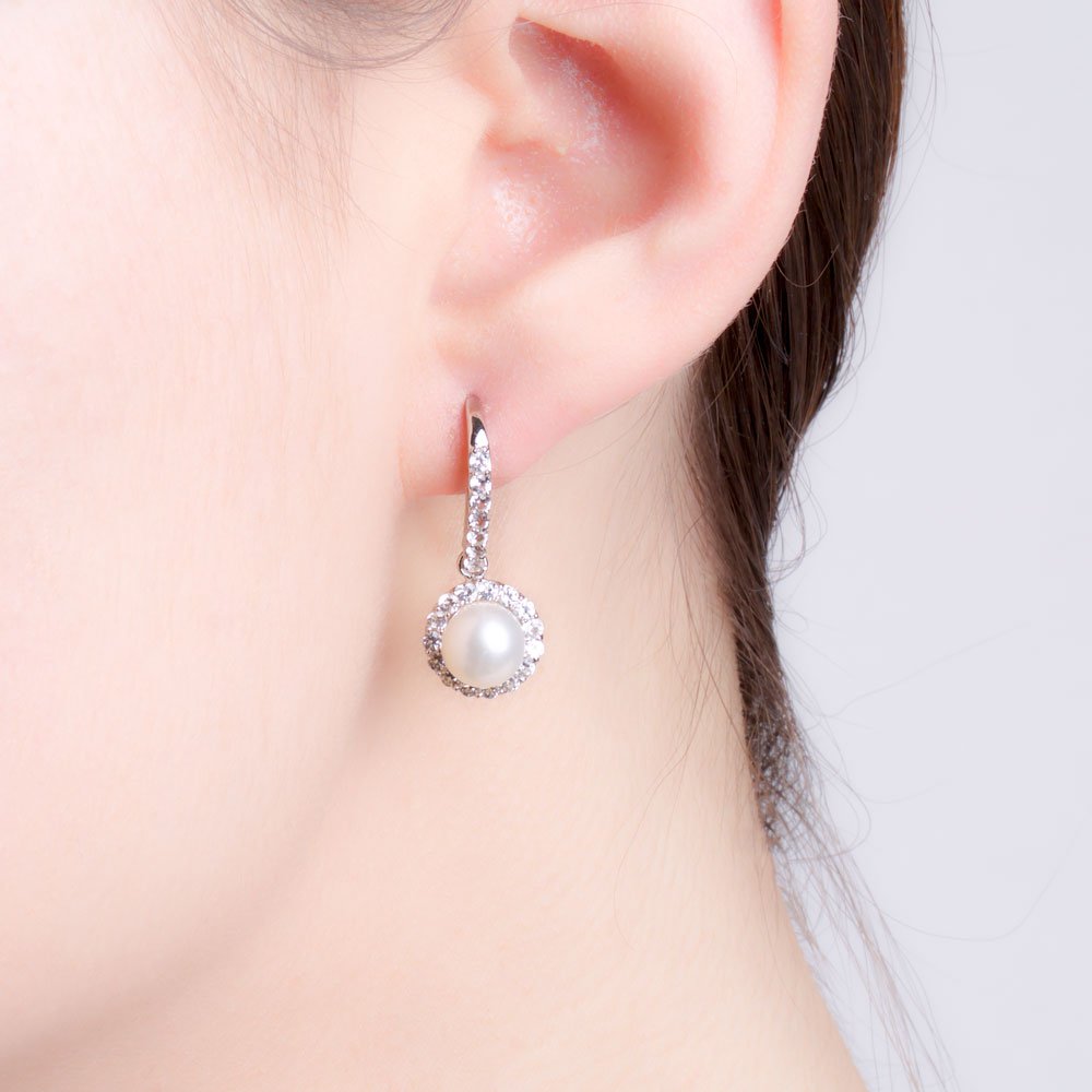 Venus Pearl Halo 9ct White Gold Pave Drop Earrings #2