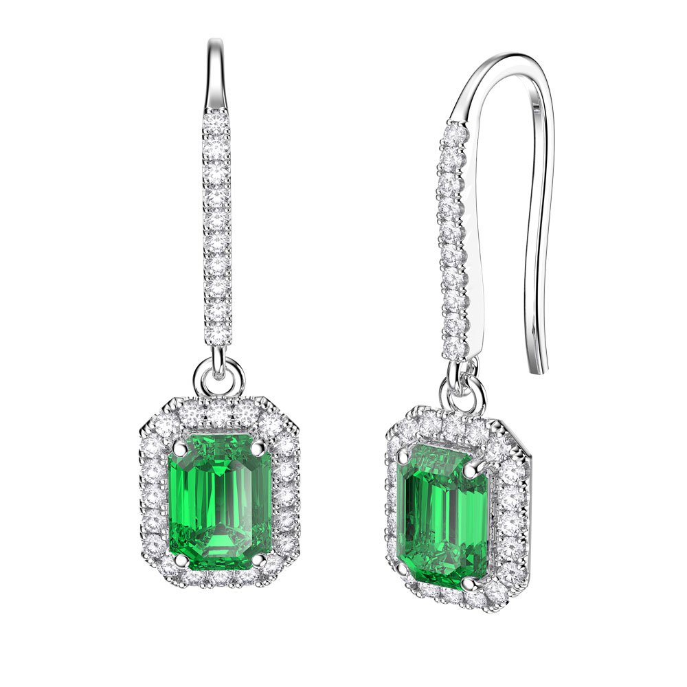 Princess Emerald cut Emerald Halo 18ct White Gold Pave Drop Earrings