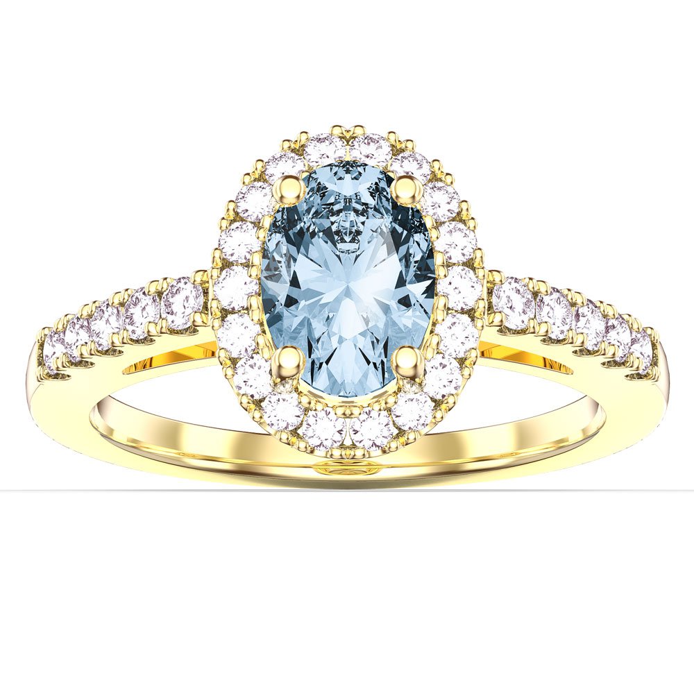 Eternity Aquamarine Oval Lab Diamond Halo 9ct Yellow Gold Ring | Jian ...