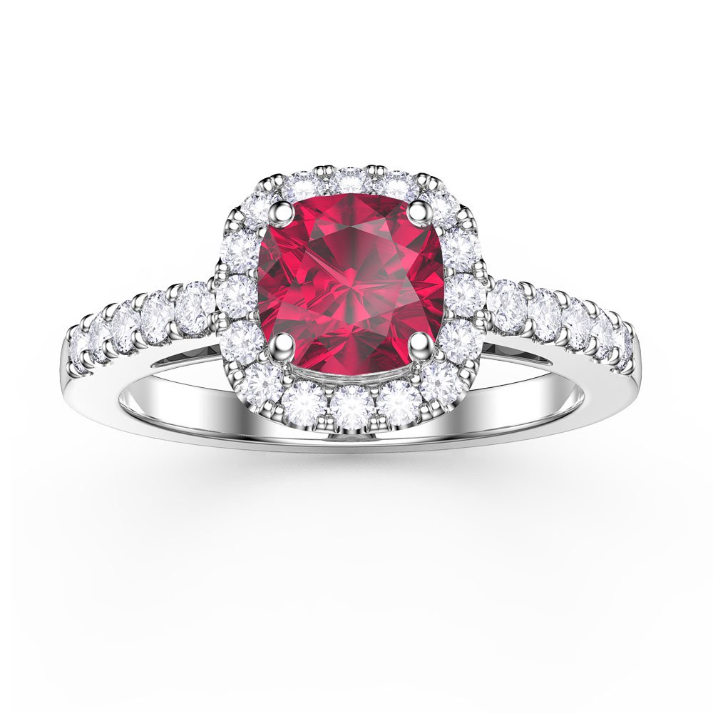 Princess Ruby and Diamond Cushion Cut Halo Platinum Engagement Ring ...