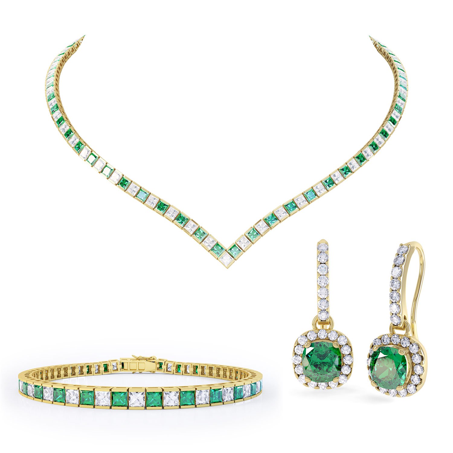 Princess Emerald CZ 18ct Gold plated Silver Jewellery Set