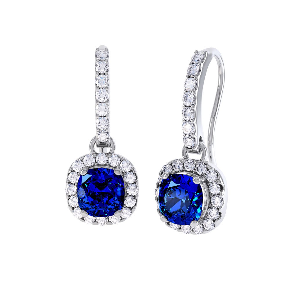 Princess 2ct Sapphire Halo Platinum plated Silver Pave Drop Earrings