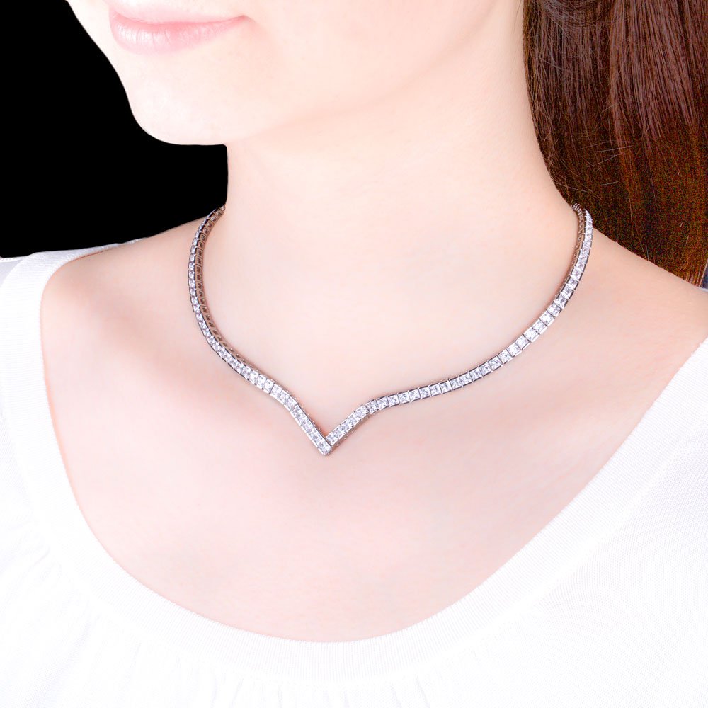 Princess Diamond CZ Rhodium plated Silver Tennis Necklace #2