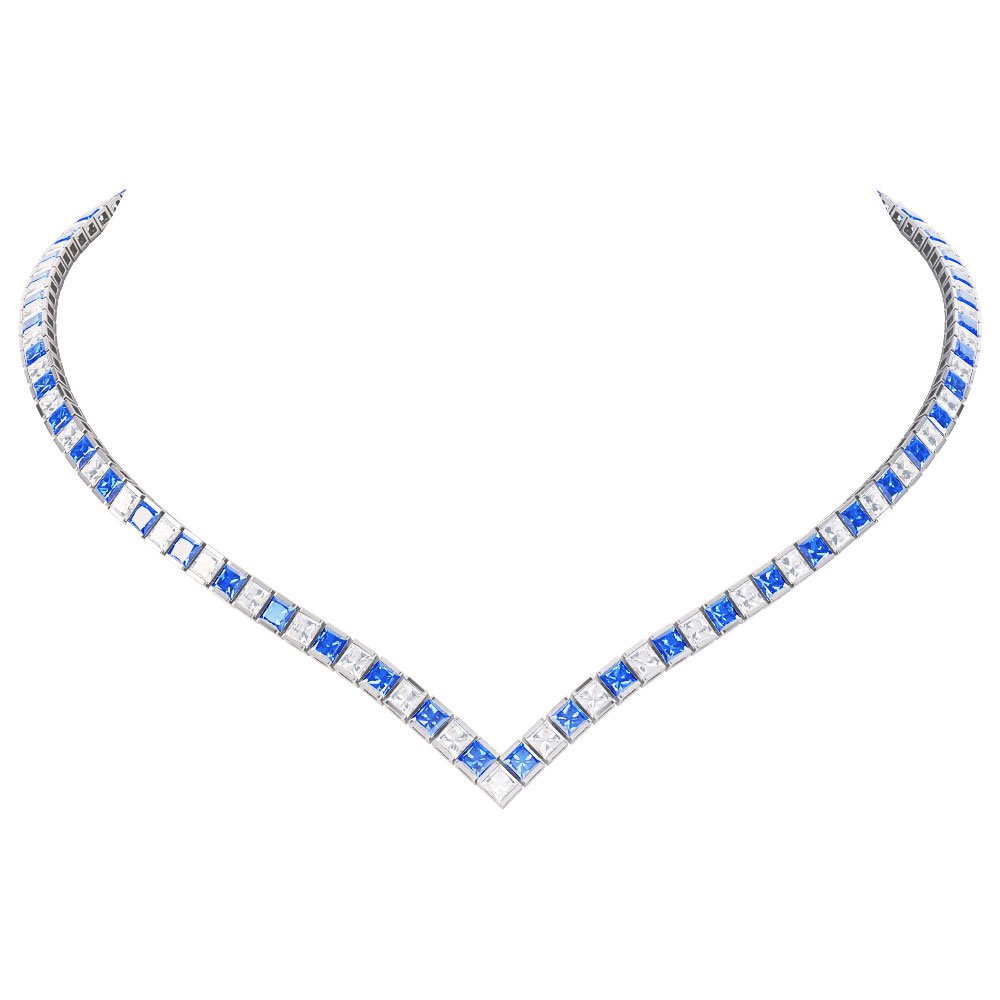 Princess Sapphire CZ Rhodium plated Silver Tennis Necklace