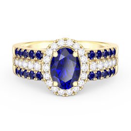 Eternity Sapphire Oval Halo 9ct Yellow Gold Engagement Ring Set 2S
