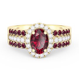 Eternity Ruby Oval Halo 18ct Yellow Gold Engagement Ring Set 2R