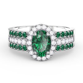 Eternity Emerald Oval Halo 9ct White Gold Engagement Ring Set 2E
