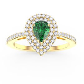 Fusion Emerald Pear Moissanite Halo 9ct Yellow Gold Proposal Ring