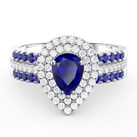 Fusion Blue Sapphire Pear Halo and Blue Sapphire Eternity Platinum plated Silver Promise Ring Set