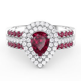 Fusion Ruby Pear Halo Ruby Eternity Platinum plated Silver Promise Ring Set