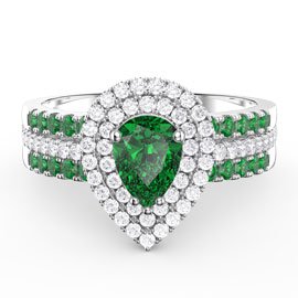 Fusion Emerald Pear Halo Emerald Eternity Platinum plated Silver Promise Ring Set