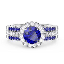 Eternity Blue Sapphire Halo and Half Eternity Platinum plated Silver Promise Ring Set