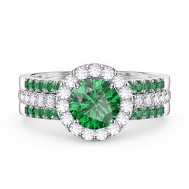 Eternity Emerald Halo and Half Eternity Platinum plated Silver Promise Ring Set