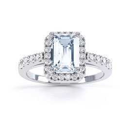 Princess Aquamarine Emerald Cut Halo Platinum plated Silver Promise Ring
