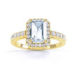 Princess Aquamarine and Diamond 18ct Yellow Gold Emerald Cut Halo Engagement Ring