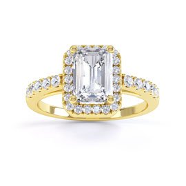 Princess White Sapphire Emerald Cut Halo 9ct Yellow Gold Engagement Ring