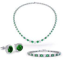 Eternity Emerald CZ Rhodium plated Silver Jewellery Set