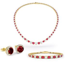 Eternity Ruby CZ 18ct Gold plated Silver Jewellery Set