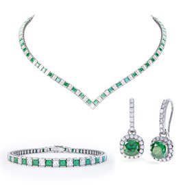 Princess Emerald CZ Rhodium plated Silver Jewellery Set