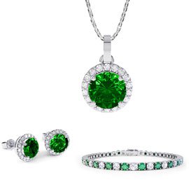 Eternity Emerald Moissanite Platinum plated Silver Jewellery Set with Pendant